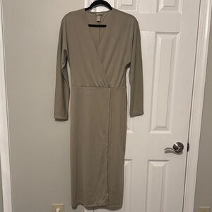 H&M Taupe Long Sleeve Wrap Midi Dress - Size S